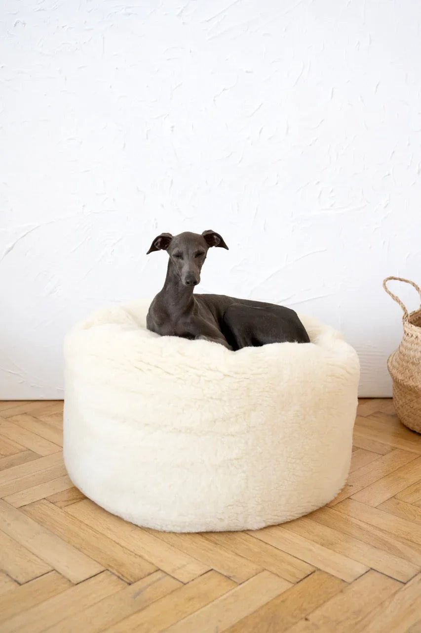 Cama ovalada de lana natural para mascotas - blanco